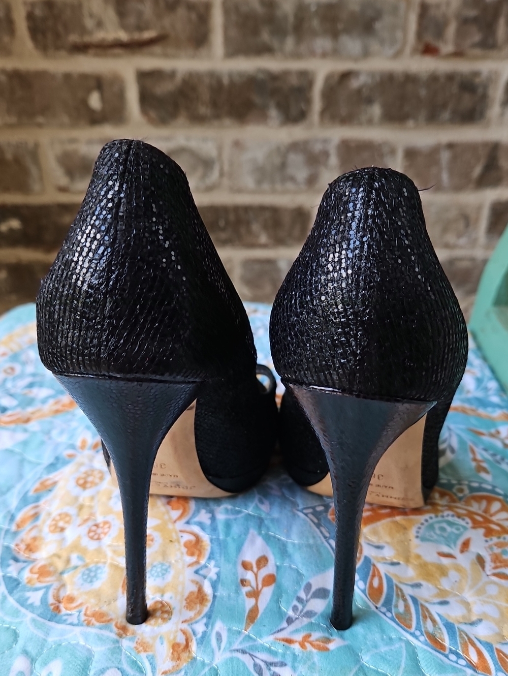 Jimmy Choo Classic Black Textured Sparkly Peep-Toe Stiletto Pumps Size 38.5 - Picture 4 of 6